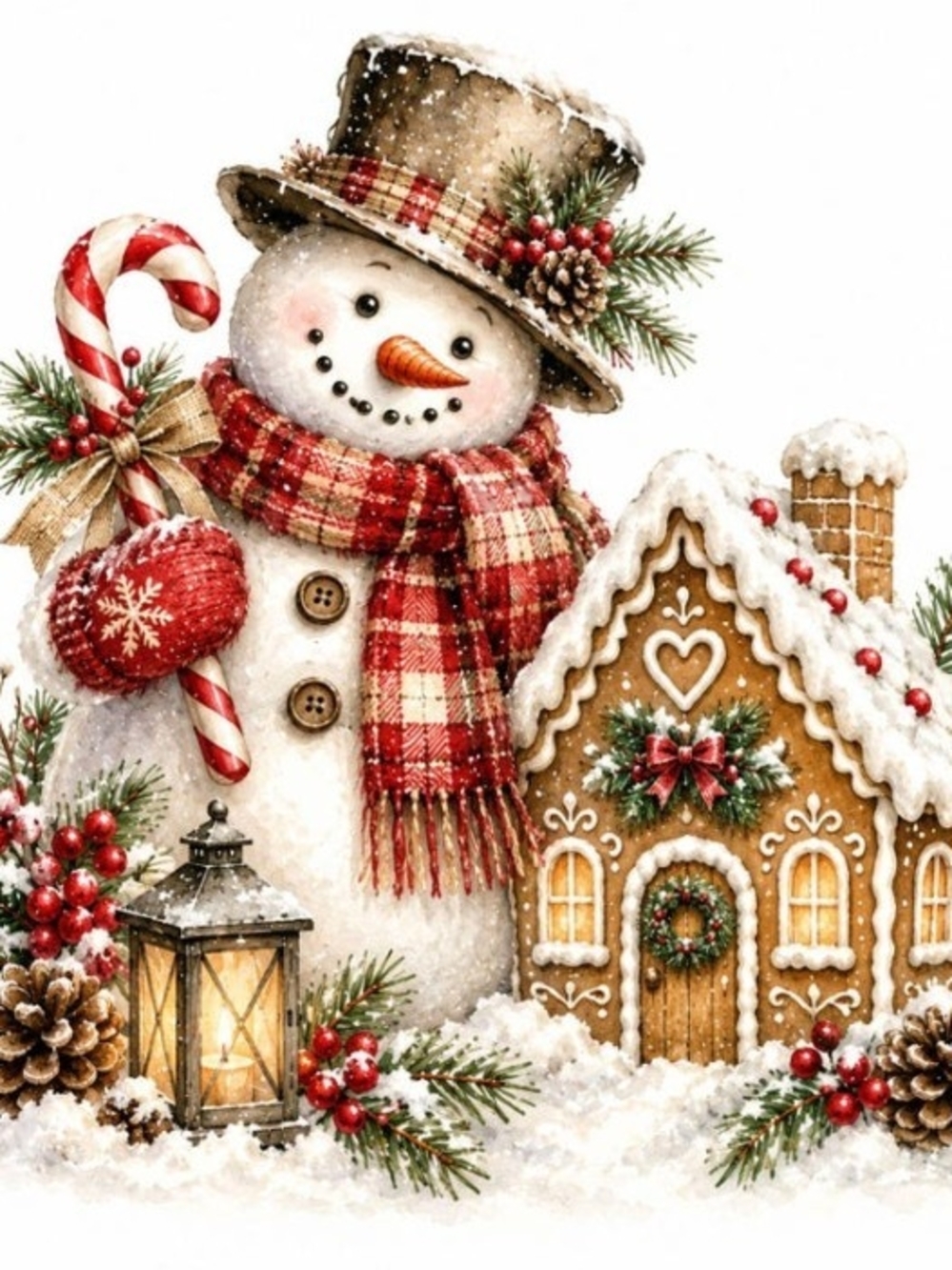 Festive Snowman & Gingerbread Holiday Wall Art - Red Accents 8x10